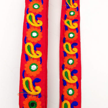 Red Floral Mirrored Trim With Orange Flowers And Yellow Paisley Embroidery, Decorative Trimming, Trim By 3 Yards